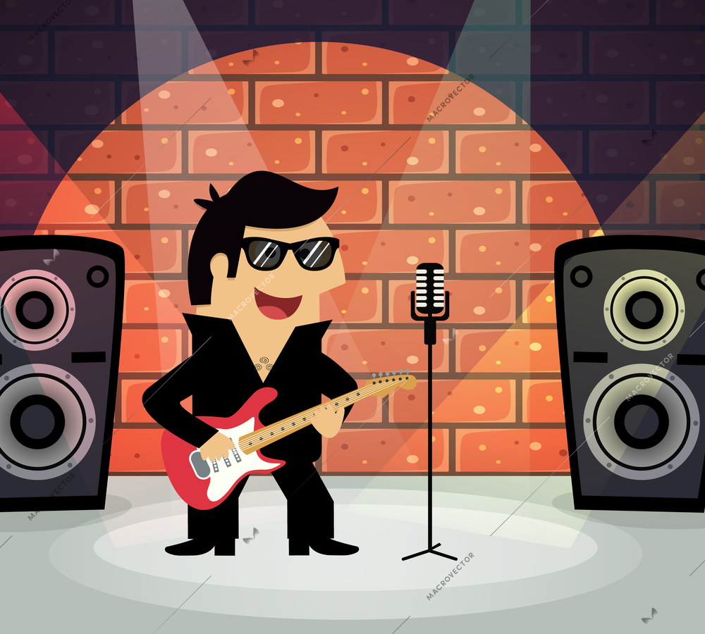 Celebrity rock star on stage with guitar and microphone vector illustration