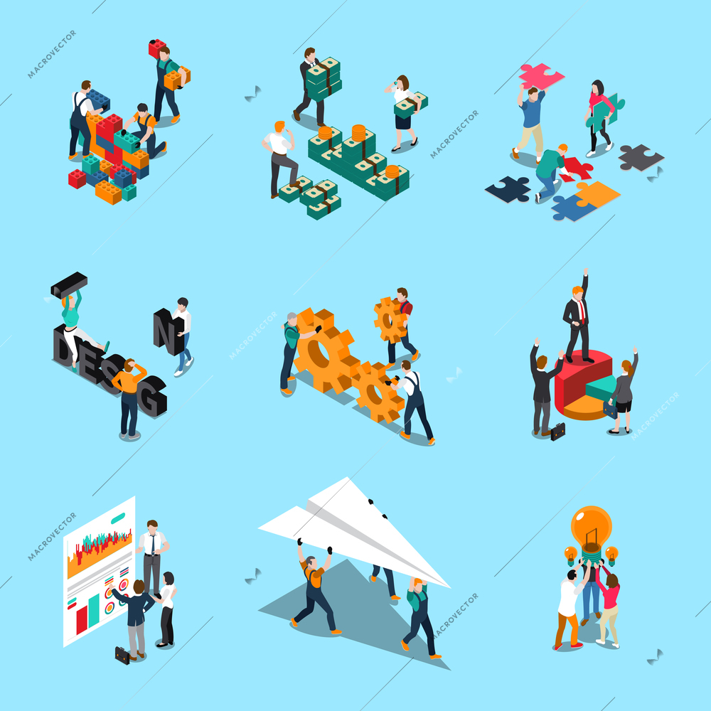 Teamwork isometric icons set with collaboration ideas and creativity symbols isolated vector illustration