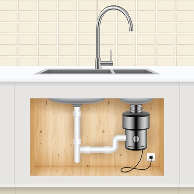 Kitchen sink with food waste disposer connected to electric socket realistic vector illustration