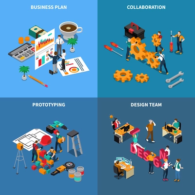 Teamwork collaboration isometric concept icons set with business plan symbols isolated vector illustration