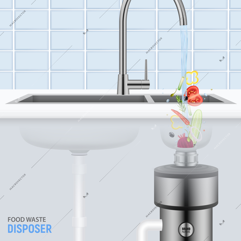 Kitchen sink with slices of vegetables falling with water into food waste disposer realistic vector illustration