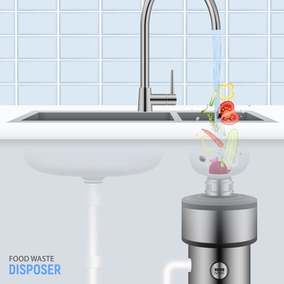 Kitchen sink with slices of vegetables falling with water into food waste disposer realistic vector illustration