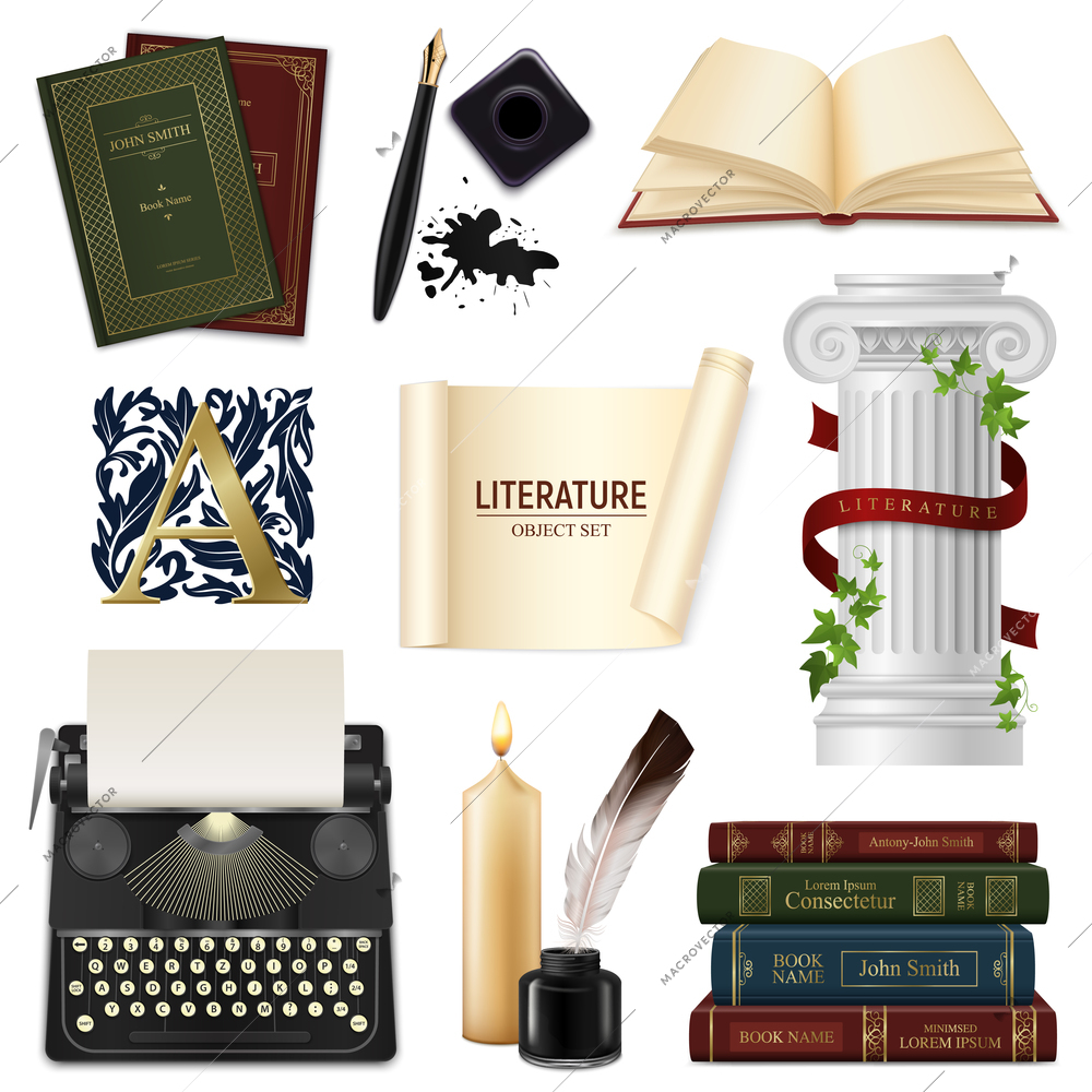 Set of realistic literature objects pens with inkwell vintage books and typewriter isolated vector illustration