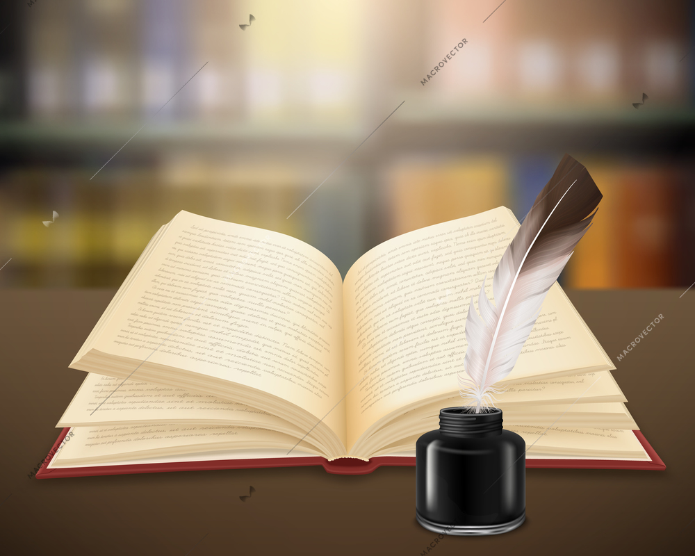 Hand written literary work on pages of open book with feather and inkwell realistic vector illustration