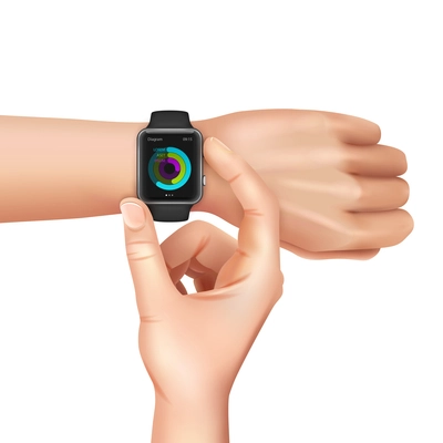 Hands with black smart watch with color scheme at screen on white background realistic vector illustration