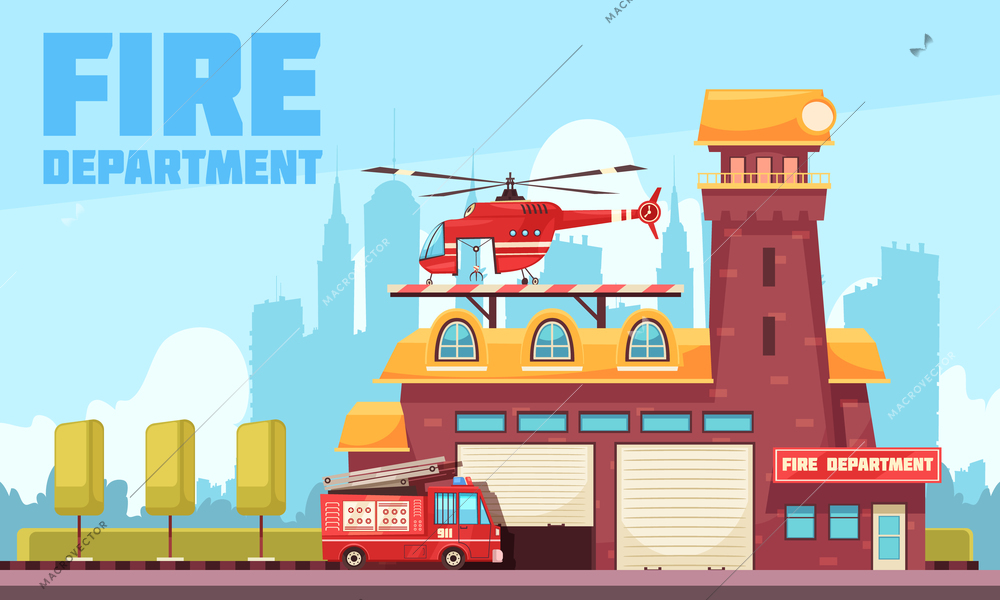 Firefighter composition with text and outdoor urban landscape with fire station building and fire appliance vehicles vector illustration