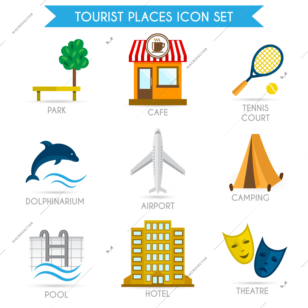 Tourist places decorative icons set of park cafe tennis court isolated vector illustration