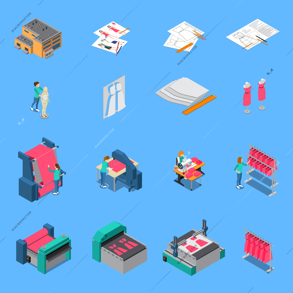 Clothes factory isometric icons set with  production symbols isolated vector illustration