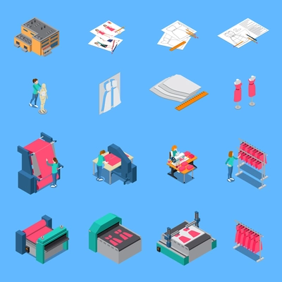 Clothes factory isometric icons set with  production symbols isolated vector illustration