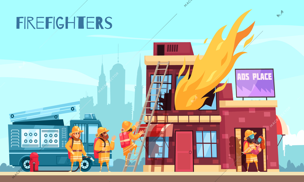 Firefighter horizontal composition with outdoor scenery and flat images of burning urban building and fire brigade vector illustration