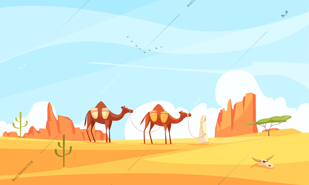 Desert camel composition with wasteland landscape and flat images with train of camels crossing deserted place vector illustration