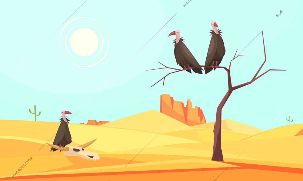 Desert bird composition with doodle style outdoor roughland scenery and dry tree with birds and sky vector illustration