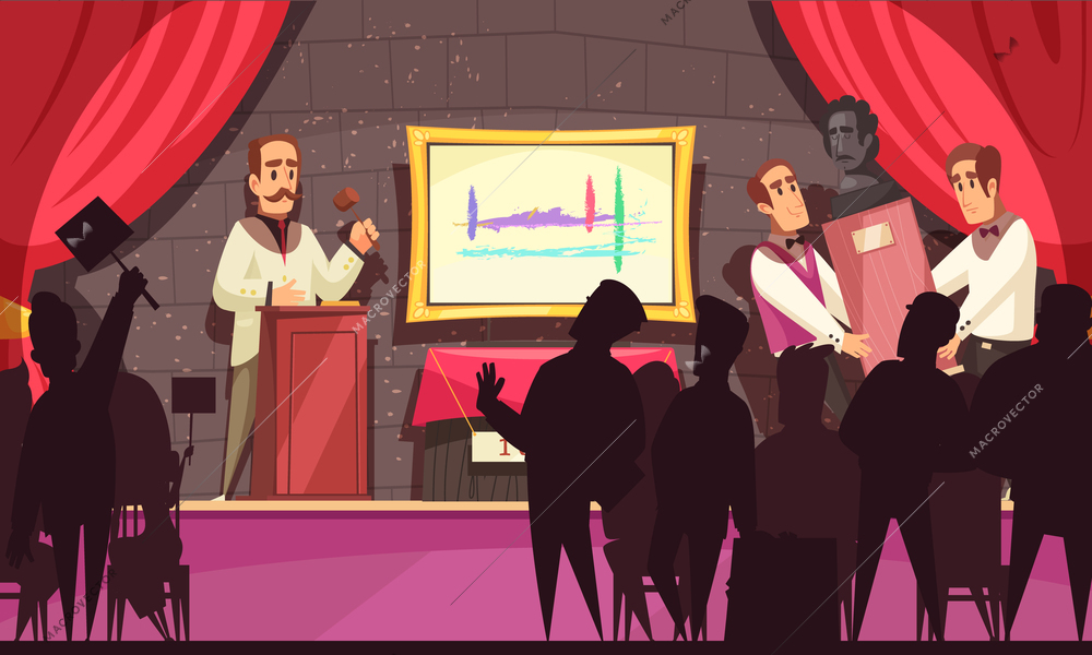 Auction composition with view of stage with red curtains and people during trade of rare collectors items vector illustration