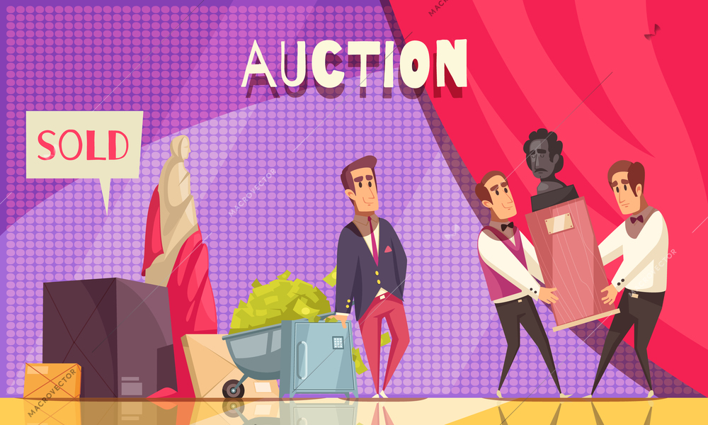 Auction horizontal composition with luxury stage and flat doodle human characters of people and rare items vector illustration