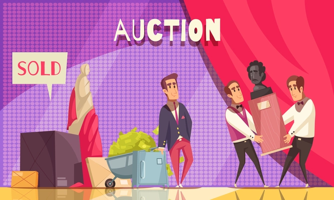 Auction horizontal composition with luxury stage and flat doodle human characters of people and rare items vector illustration