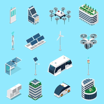 Smart city isometric icons set with transport and solar power symbols isolated vector illustration