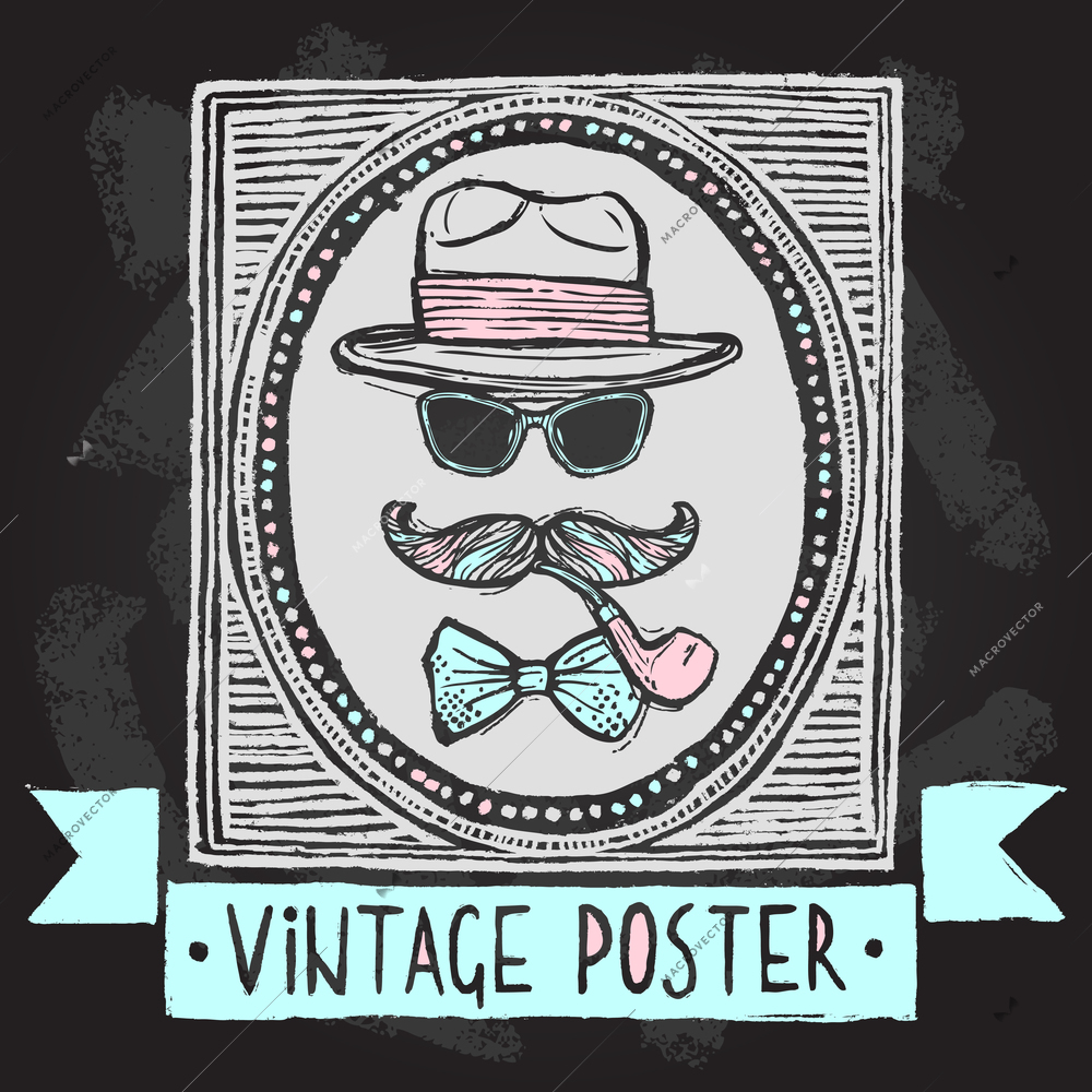 Vintage gentleman disguise set of hat sunglasses mustaches and tobacco pipe poster vector illustration