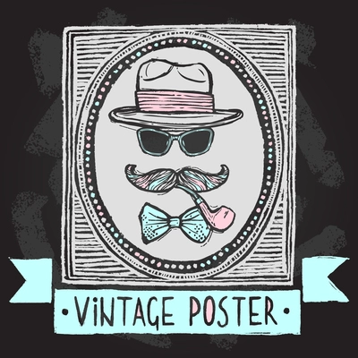 Vintage gentleman disguise set of hat sunglasses mustaches and tobacco pipe poster vector illustration