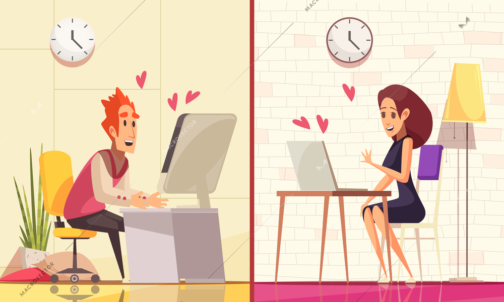 Virtual and real love compositions set with domestic interiors and characters of couple sitting at computers vector illustration