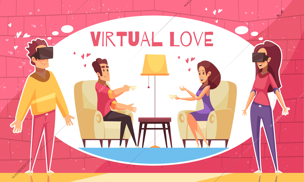 Virtual love compoaision with flat cartoon style human characters having virtual date in augmented reality goggles vector illustration