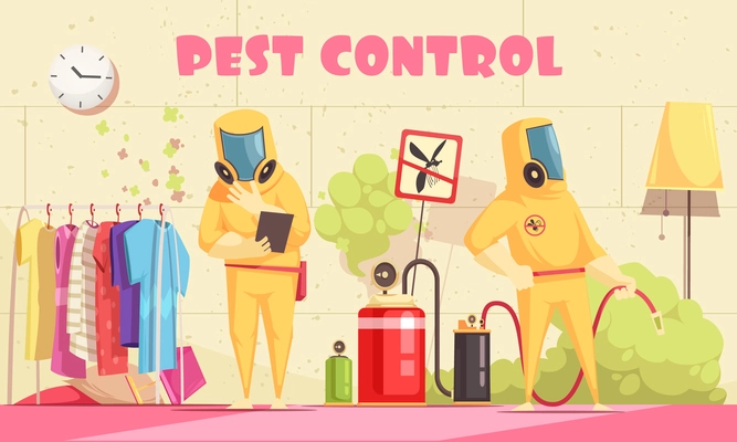 Pest control illustration with human characters of disinfectors in chemical suits performing disinfection procedures at home vector illustration