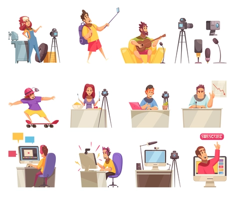 Blogger vlogger photo video blog set of isolated doodle style icons with human characters and pictograms vector illustration