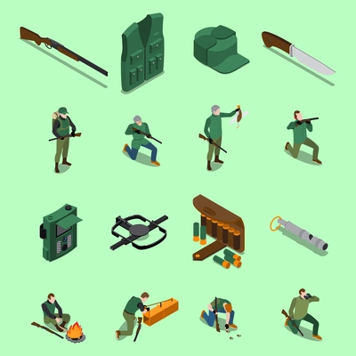 Hunting isometric icons set with equipment and weapons symbols isolated vector illustration