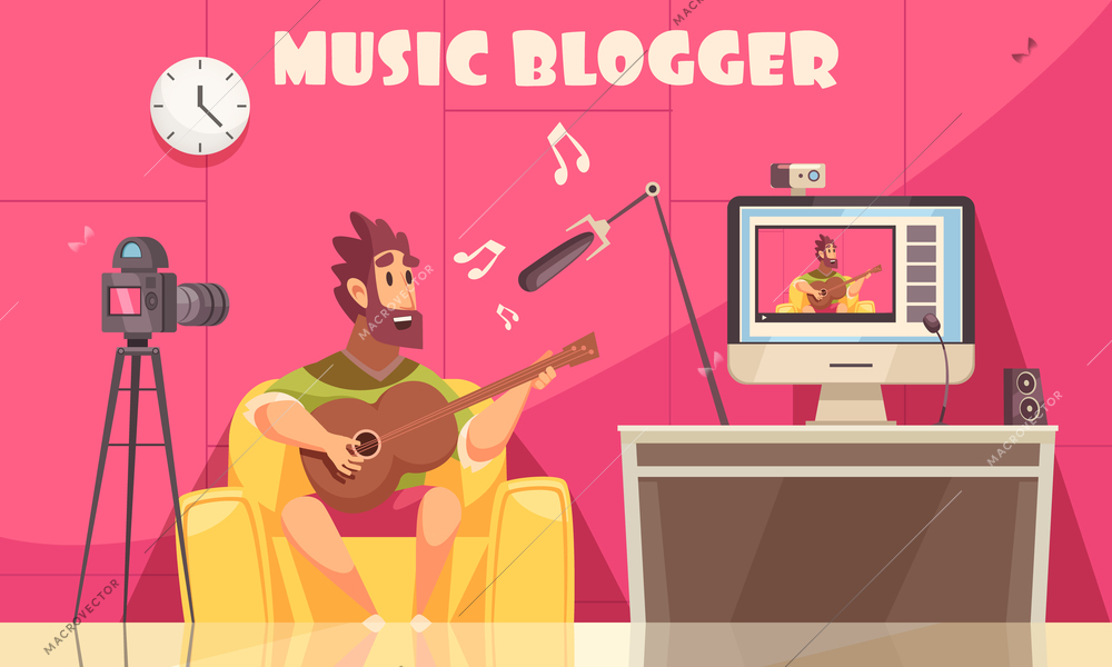 Music blogger composition with indoor domestic scenery and male human character recording himself playing guitar vector illustration