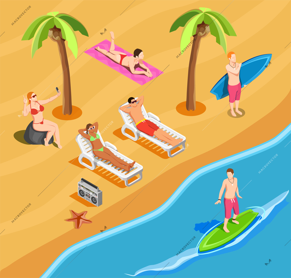 People on beach vacation isometric composition with self portrait sun bathing and surfing vector illustration