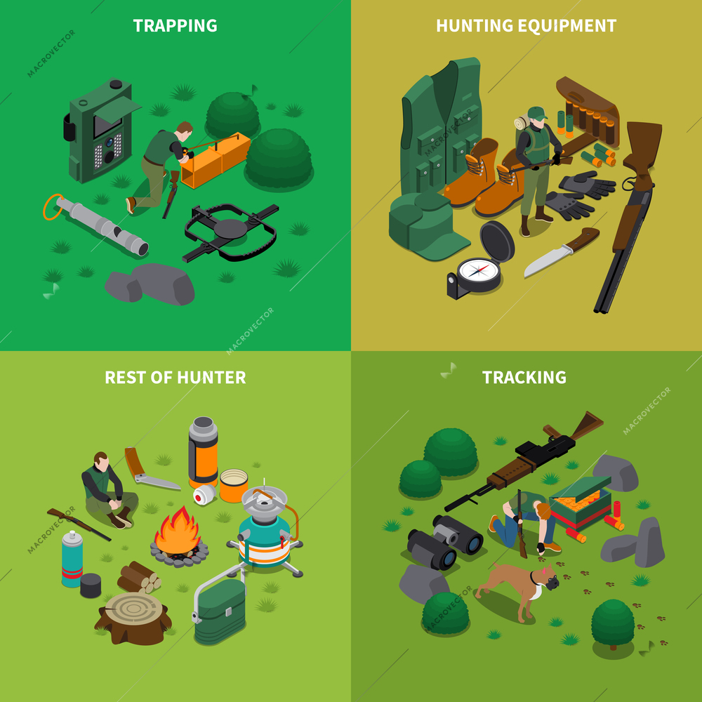 Hunting isometric concept icons set with tracking symbols isolated vector illustration