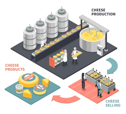 Process of production and selling cheese products on white background 3d isometric vector illustration