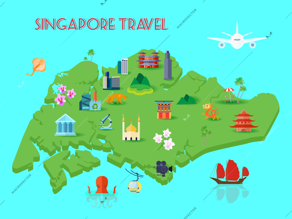 Colored Singapore culture composition with mainland in middle of the ocean with various sights vector illustration