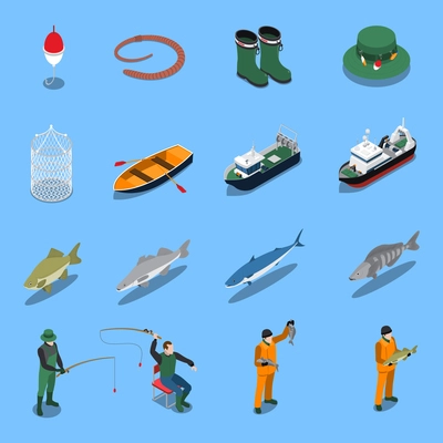 Fishing isometric icons set with boats and equipment symbols isolated vector illustration