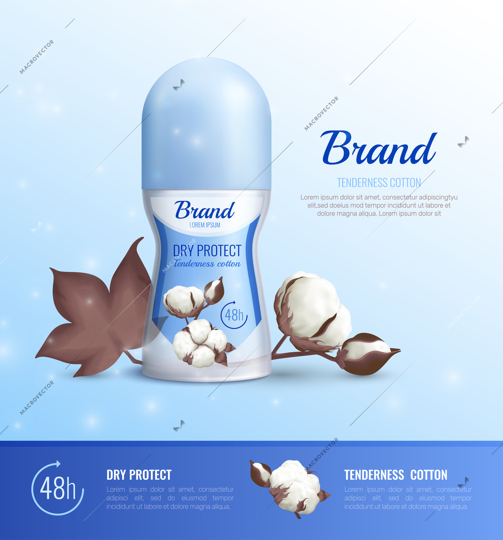 Deodorant bottles realistic poster of different shapes with advertising of 48 hour dry protect and tenderness cotton realistic vector illustration