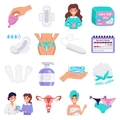 Feminine hygiene flat icons set with tampons menstrual cups natural cloth pads panty liners isolated vector illustration
