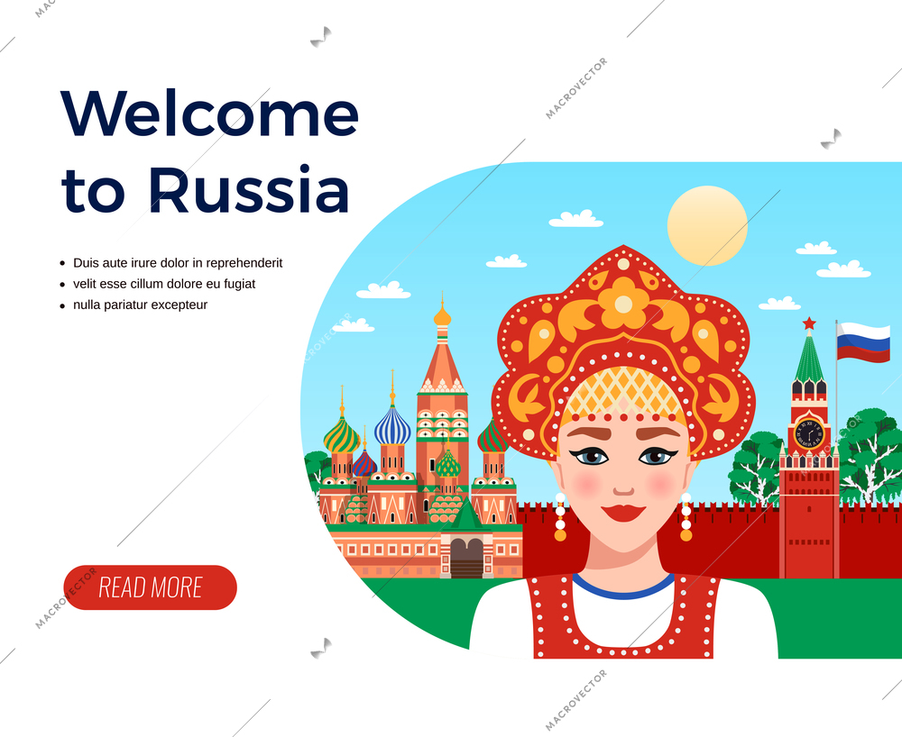 Welcome to Russia flat composition travel agency advertising design with girl in sarafan and kokoshnik vector illustration