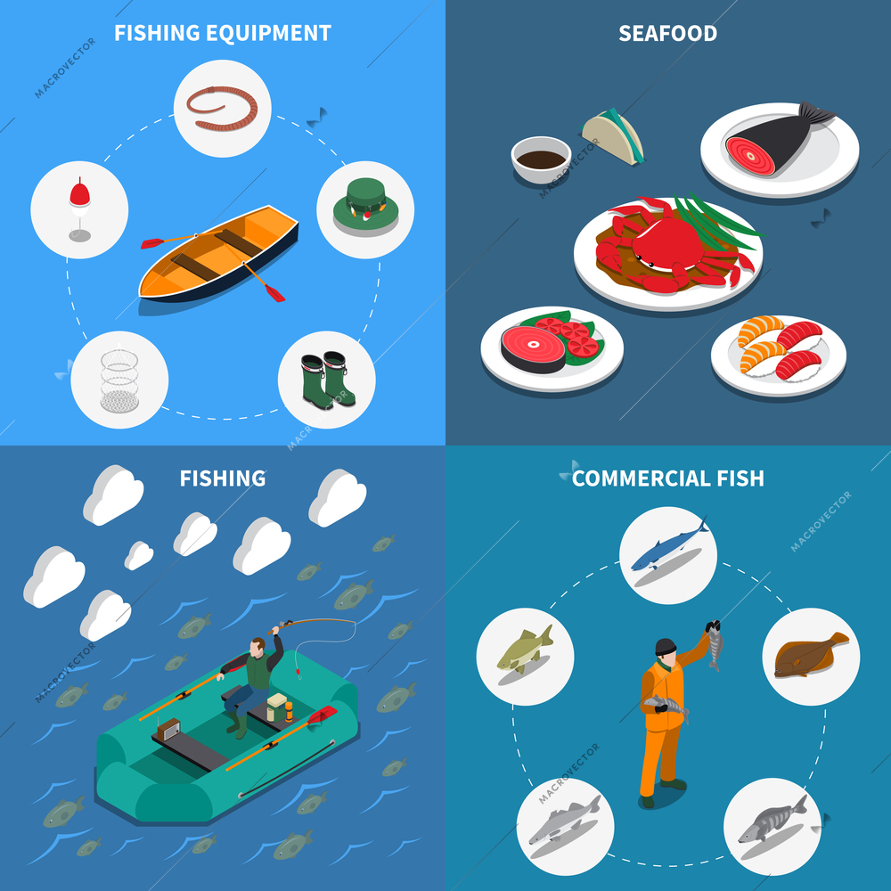 Fishing isometric concept icons set with commercial fish symbols isolated vector illustration