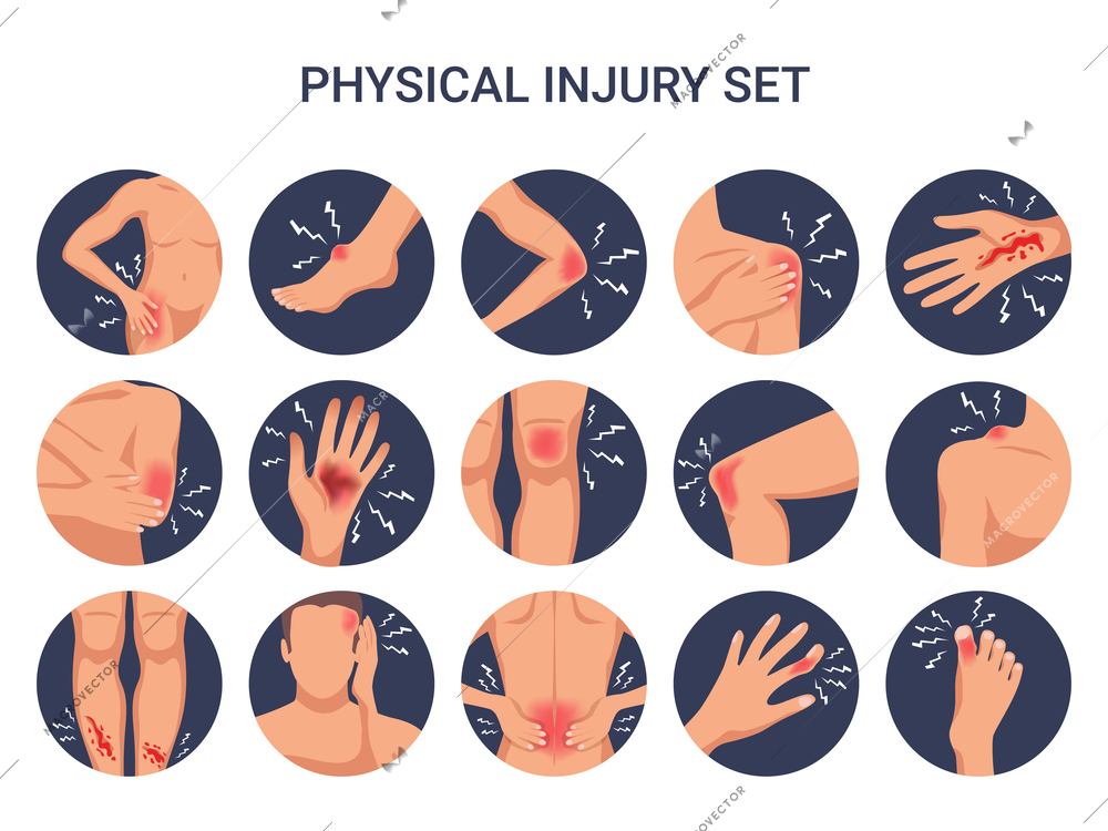 Human body physical injury round flat set with shoulder knee finger burn cut wounds isolated vector illustration