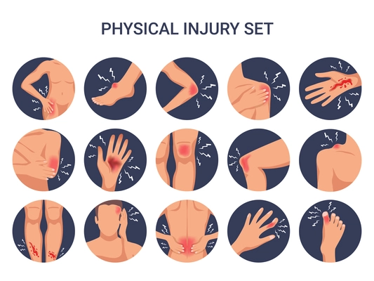 Human body physical injury round flat set with shoulder knee finger burn cut wounds isolated vector illustration