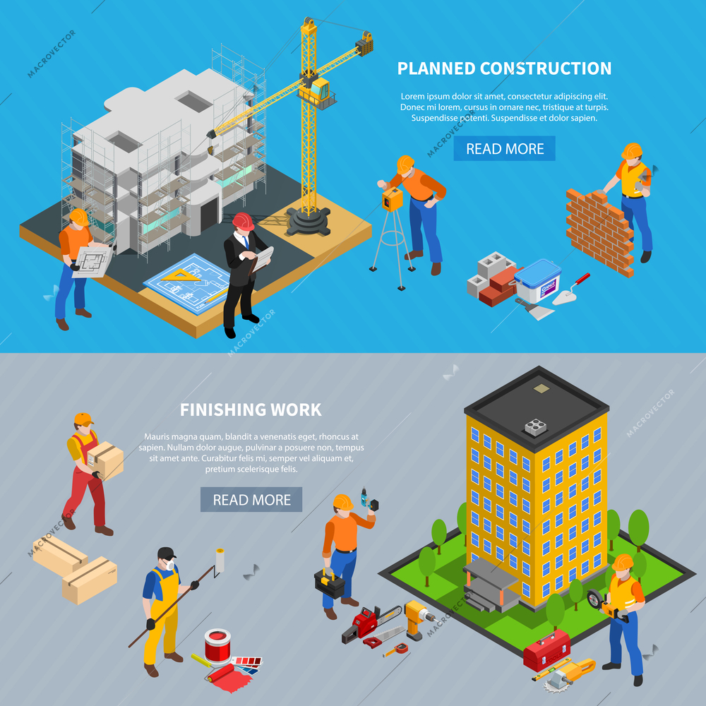 Construction isometric set of two horizontal banners with building images editable text and read more button vector illustration