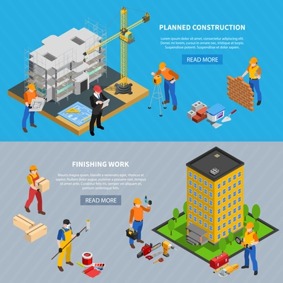 Construction isometric set of two horizontal banners with building images editable text and read more button vector illustration