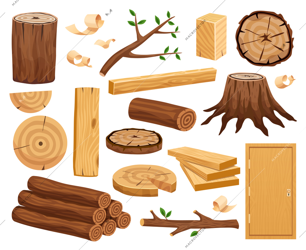 Wood industry raw material and production samples flat set with tree trunk logs planks door vector illustration