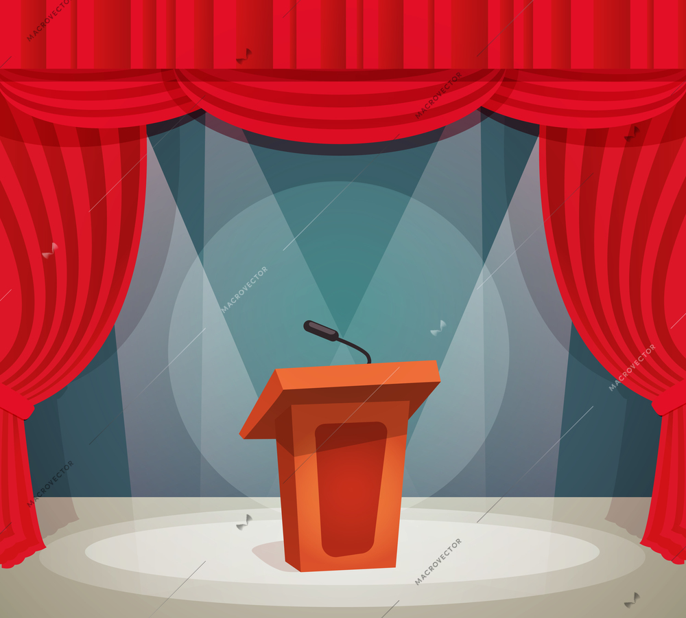 Tribune with microphone in spotlight on stage with red curtain background vector illustration.