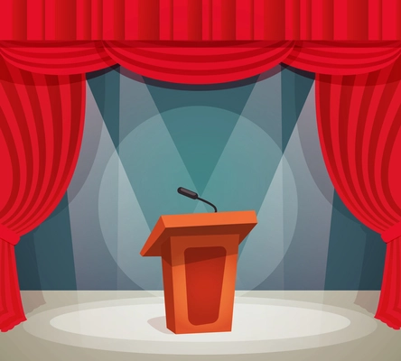 Tribune with microphone in spotlight on stage with red curtain background vector illustration.