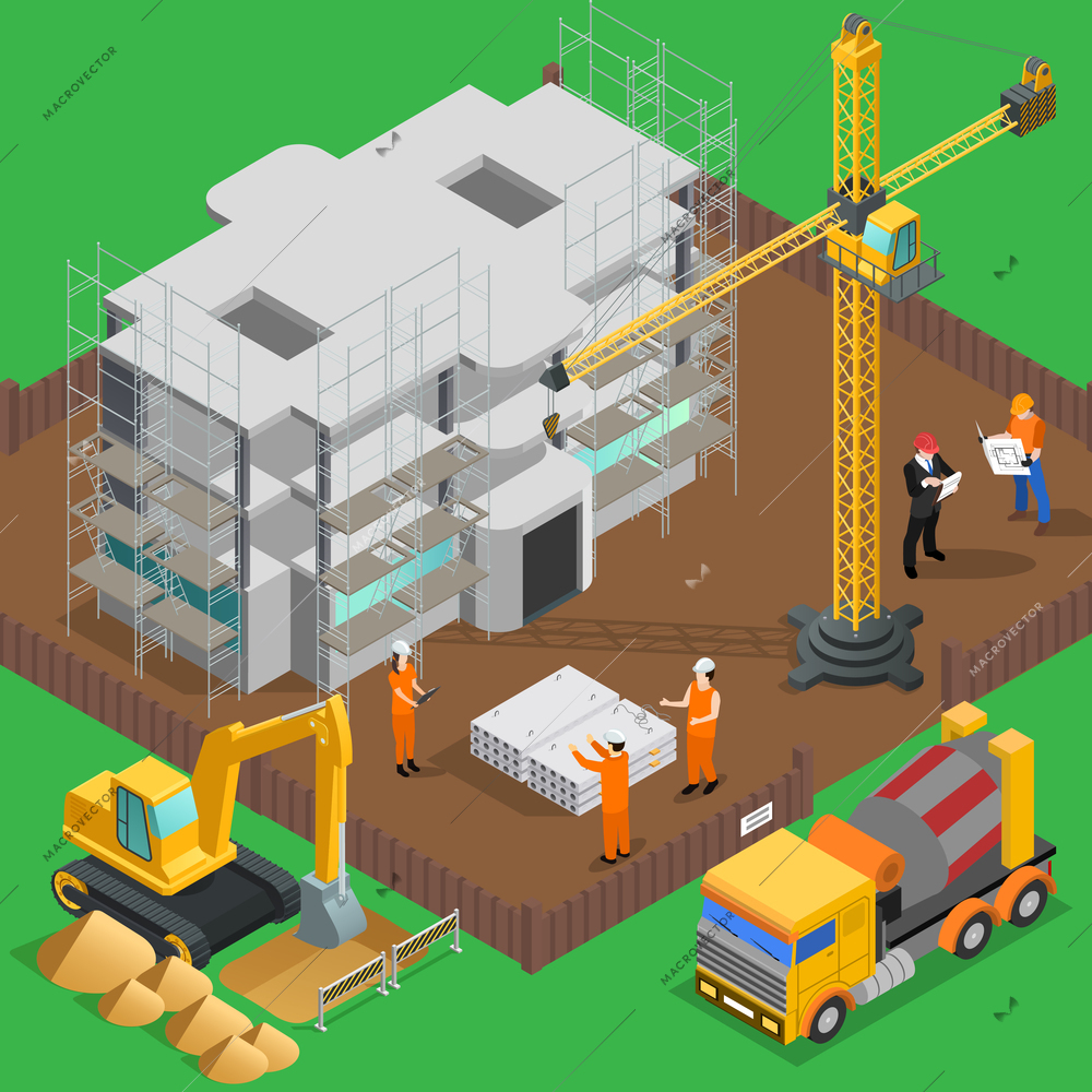 Construction isometric composition with view of high rise building yard with labor workers vehicles and machines vector illustration