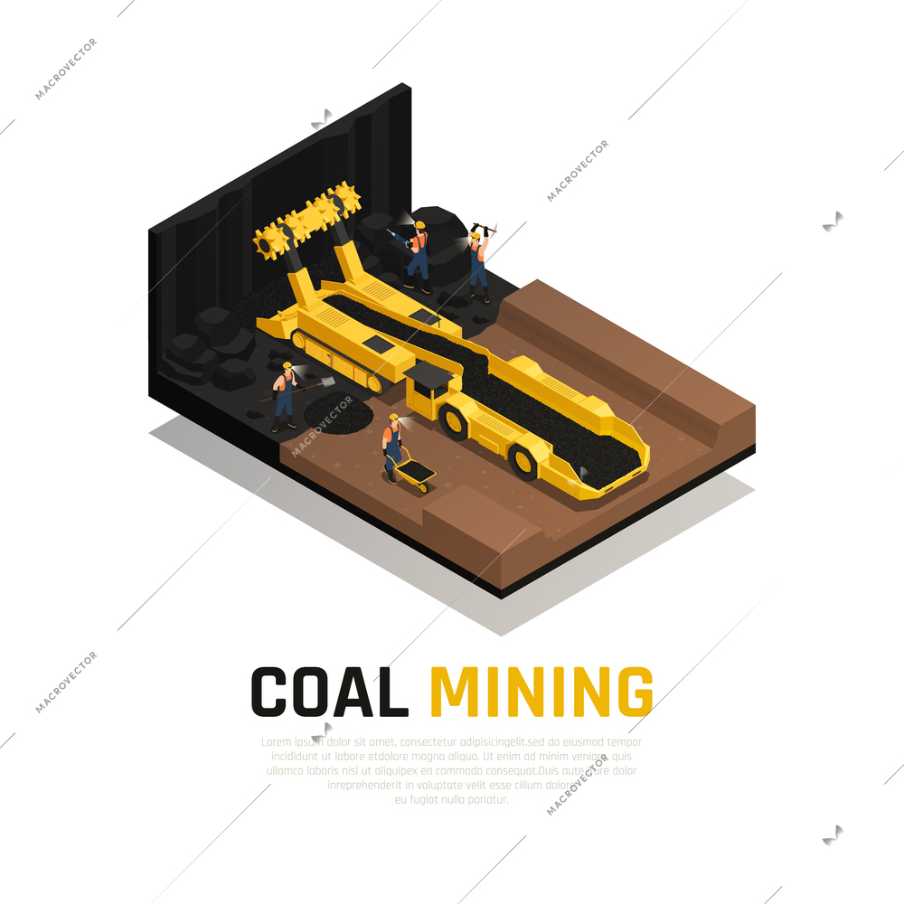 Miners with working tools and yellow conveyor vehicle for coal mining isometric composition vector illustration