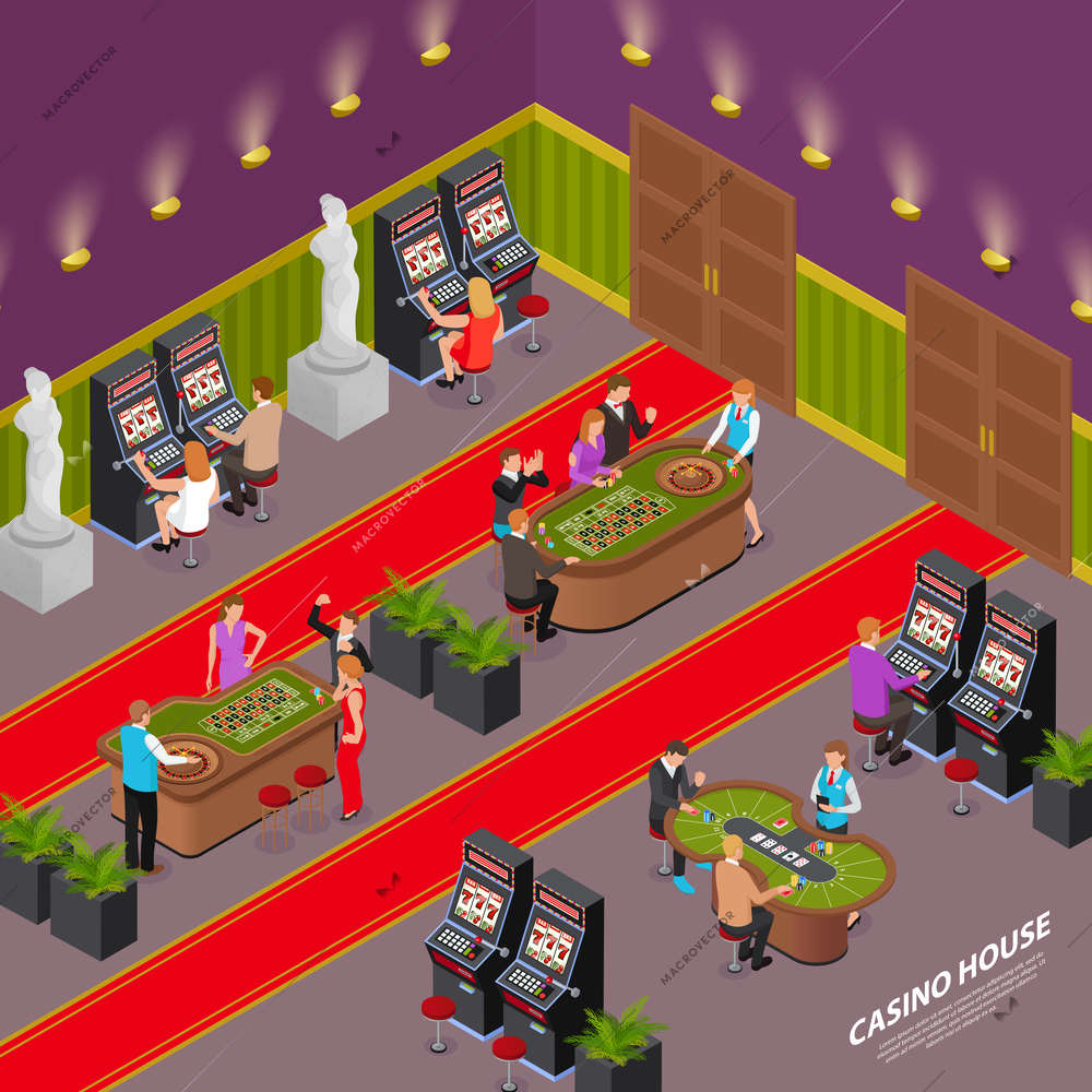 Casino house playing room interior isometric composition with slot machines poker card game roulette table vector illustration