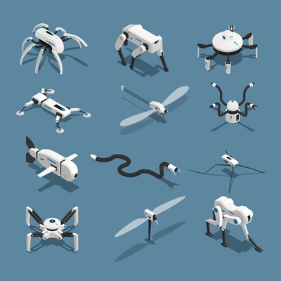 Set of isometric icons bio robots in form of animals isolated on blue background vector illustration