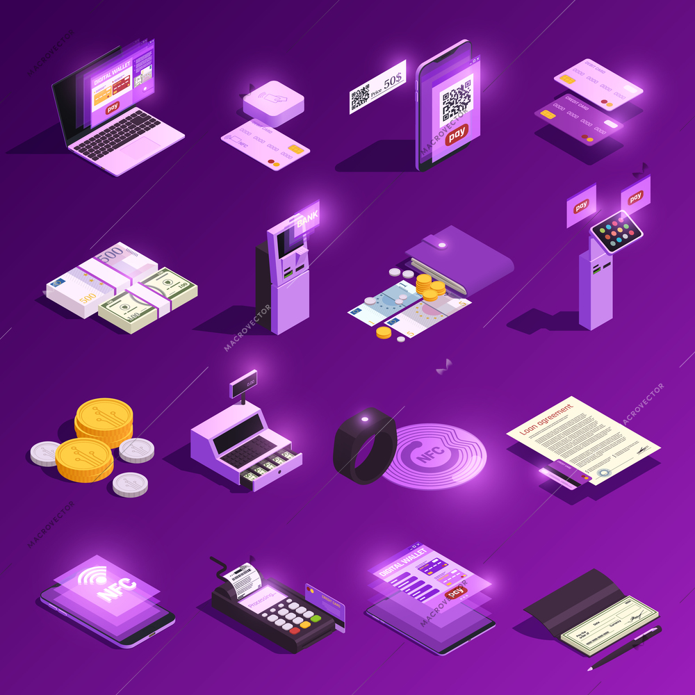 Payment methods cash and electronic money crypto currency glowing isometric icons isolated on purple background vector illustration