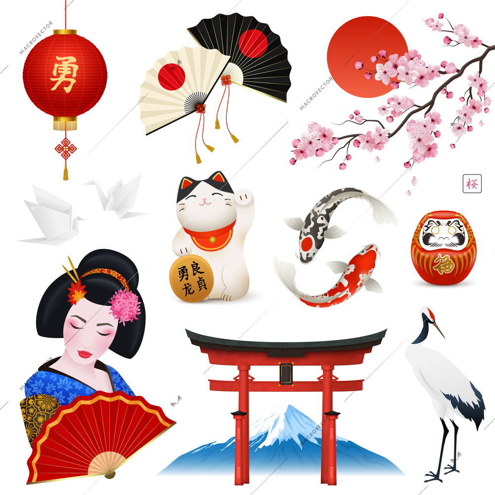 Japanese culture traditions symbols realistic set with sun fuji mountain gate lucky cat sakura branch vector illustration